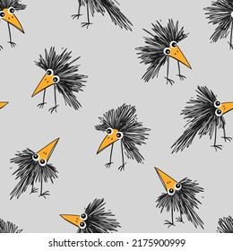 Seamless pattern with fluffy cartoon crow