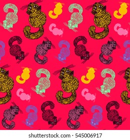 Seamless pattern with fluffy cats. Hand drawn graphic ink vector sketch. Pen line art. Freehand