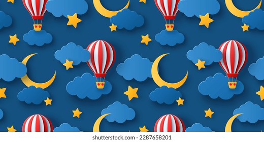 Seamless pattern with fluffy clouds on dark sky background, gold moon crescent, stars and red hot air balloon. Vector illustration. Paper cut style. Good night baby wallpaper