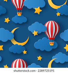 Seamless pattern with fluffy clouds on dark sky background, gold moon crescent, stars and red hot air balloon. Vector illustration. Paper cut style. Good night baby wallpaper
