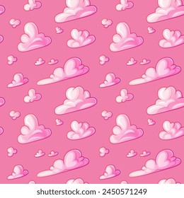 Seamless pattern of fluffy clouds on a vibrant pink background. Colorful cartoon sky illustration for children.