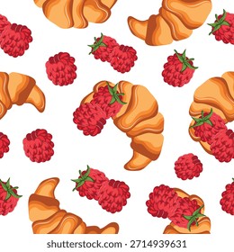 seamless pattern with fluffy croissants with ripe raspberry berries next to it, for menus and various food designs	