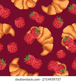 seamless pattern with fluffy croissants with ripe raspberry berries next to it on a red background, for menus and various food designs	