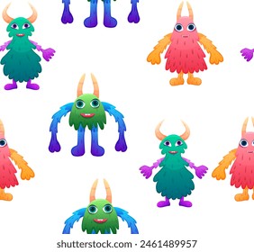 Seamless pattern with fluffy monster. Vector kids illustration