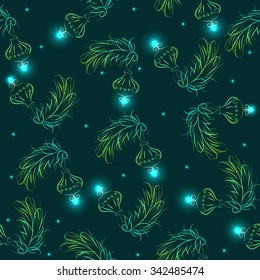 
seamless pattern with fluffy tree branches and Christmas tree decorations, vector