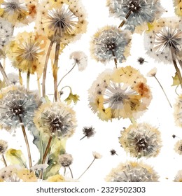 Seamless pattern fluffy watercolor dandelions. Vector illustration