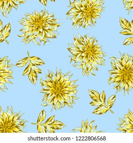Seamless pattern with fluffy yellow dahlias. Beautiful decorative flowers, leaves and buds.