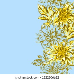 Seamless pattern with fluffy yellow dahlias. Beautiful decorative flowers, leaves and buds.