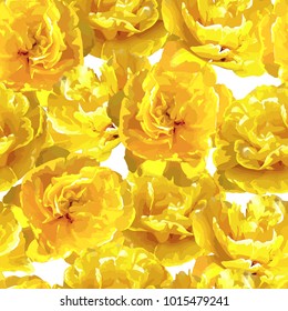 Seamless pattern with fluffy yellow tulips. Beautiful realistic flowers and buds.