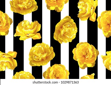Seamless pattern with fluffy yellow tulips. Beautiful realistic flowers and buds.