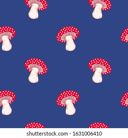 Seamless pattern with fly agaric, amanita hallucinogenic mushrooms on blue background. Fun vector wallpaper.	