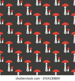 Seamless pattern with Fly agaric (Amanita muscaria) poisonous mushroom Vector illustration.