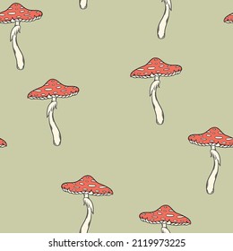 Seamless pattern with fly agaric or fly amanita, amanita muscaria. Vector illustration. Forest dangerous mushroom, medicinal plant, magic, toxic mushroom. 