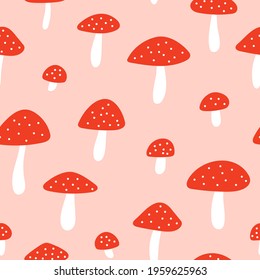 Seamless pattern with fly agaric. Hand drawn vector mushrooms. Autumn texture fot print, textile, packaging.