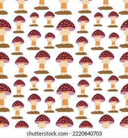 Seamless pattern with fly agaric mushroom with a cute hat. Vector colorful illustration hand drawn doodle. Simple card or print amanita. Autumn season. Packaging or fabric, wrapping or cover