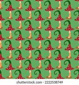Seamless pattern with fly agaric mushroom with a cute hat on a green background. Vector colorful illustration hand drawn doodle. Simple card or print amanita. Wrapping or paper, fabric or card