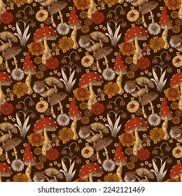 seamless pattern with fly agaric mushrooms and flowers in retro style, 70s