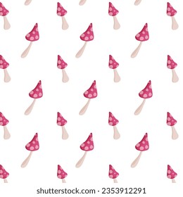 Seamless pattern with fly agaric mushrooms. Autumn pattern with Amanita mushrooms in modern flat style.