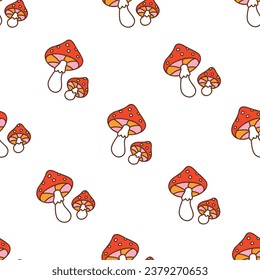 Seamless pattern with fly agaric mushrooms in retro cartoon style. Colorful autumn illustration on a white background