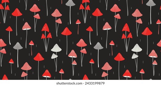 Seamless pattern with fly agaric mushrooms. Abstract natural magic print. Vector graphics.
