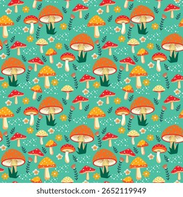 Seamless pattern with fly agaric mushrooms, flowers and leaves on green backdrop. Hand drawn summer nature wallpaper.