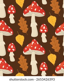 Seamless pattern with fly agaric mushrooms and autumn leaves. Colorful hand drawn botanical background.