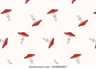 Patrón sin fisuras con setas de mosca agárica en estilo de Vector plano dibujado a mano. Fondo blanco limpio, tapas rojas, contornos en negrita. Perfecto para textiles, Fondo de pantalla, papel de embalaje, proyectos de otoño.