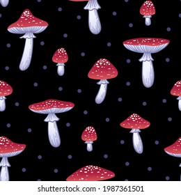 Seamless pattern with fly agaric on black background. Hand drawn vector mushrooms. Texture fot print, textile, packaging. Hand drawn vector illustration. Red poisonous mushroom.
