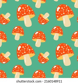 Seamless pattern, fly agaric on a turquoise background. Flat design, cartoon style, vector illustration.