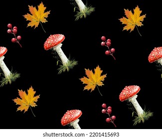 Seamless pattern fly agaric on a black background. Vector illustration. Vector illustration. 
