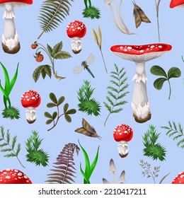 Seamless pattern with fly agaric, other mushrooms and plants. Vector