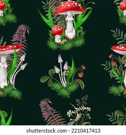 Seamless pattern with fly agaric, other mushrooms and plants. Vector