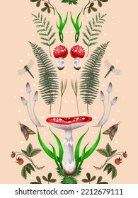 Seamless pattern with fly agaric, other mushrooms and plants. Vector