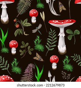 Patrón sin foco con la mosca agaric, otras setas y plantas. Vector