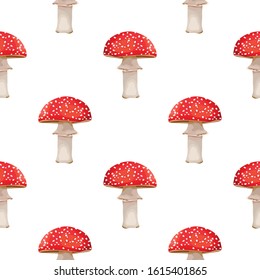 Seamless pattern with fly agaric. Red poisonous mushroom. Wallpaper, print, packaging, paper, textile design. Vector illustration.