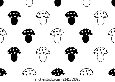 Patrón sin foco con la mosca agaric. Silhouette de setas sobre fondo blanco. Papel de escritorio y papel de cama impreso. 