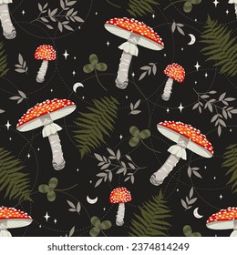 Seamless pattern with fly agaric, stars, ferns. Vector graphics.