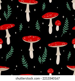 Seamless pattern and fly agaric  Texture fot print  textile  packaging  Hand drawn vector illustration  Red poisonous mushroom 