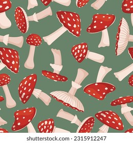 Seamless Pattern With Fly Agaric. Whimsical Design Featuring The Iconic Red And White Mushrooms, Creating A Charming And Repetitive Motif Suitable For Various Applications. Cartoon Vector Illustration