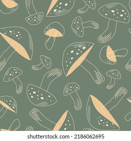 Seamless pattern with fly agarics. Autumn poisonous mushrooms. Simple plant abstract print. Vector graphics.