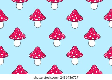 Seamless pattern of fly agarics. Autumn print. Forest mushrooms. Vector illustration.