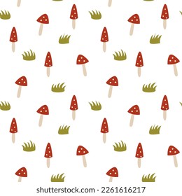 Seamless pattern with fly agarics. Childish print for baby clothing, interior, packaging.