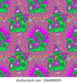 seamless pattern with fly agarics with eyes, psy art