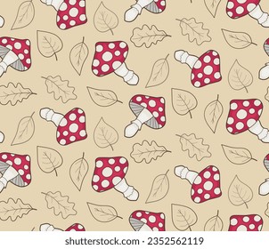 Seamless pattern with fly agarics and leaf fall, lineart.
