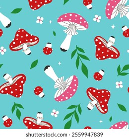 Seamless pattern with fly agarics and leaves on a blue background. Vector graphics