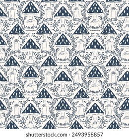 Seamless pattern with fly agarics. Monochrome vector illustration.