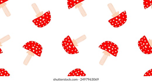 Seamless pattern with fly agarics on a white background for textile, fabric, wrapping paper