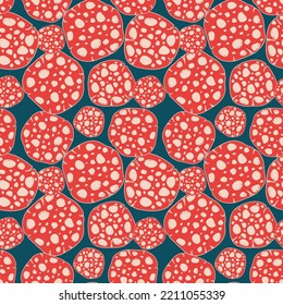 Seamless pattern with fly agarics and spotted hats. Flat colorful illustration of red grebes on blue background. Flat drawing sketch. Vector illustration in a flat style.