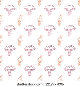 Seamless pattern of fly agarics. Symmetrical background. Doodle illustration