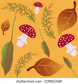 A seamless pattern with fly agarics, twigs and berries of buckthorn and autumn leaves